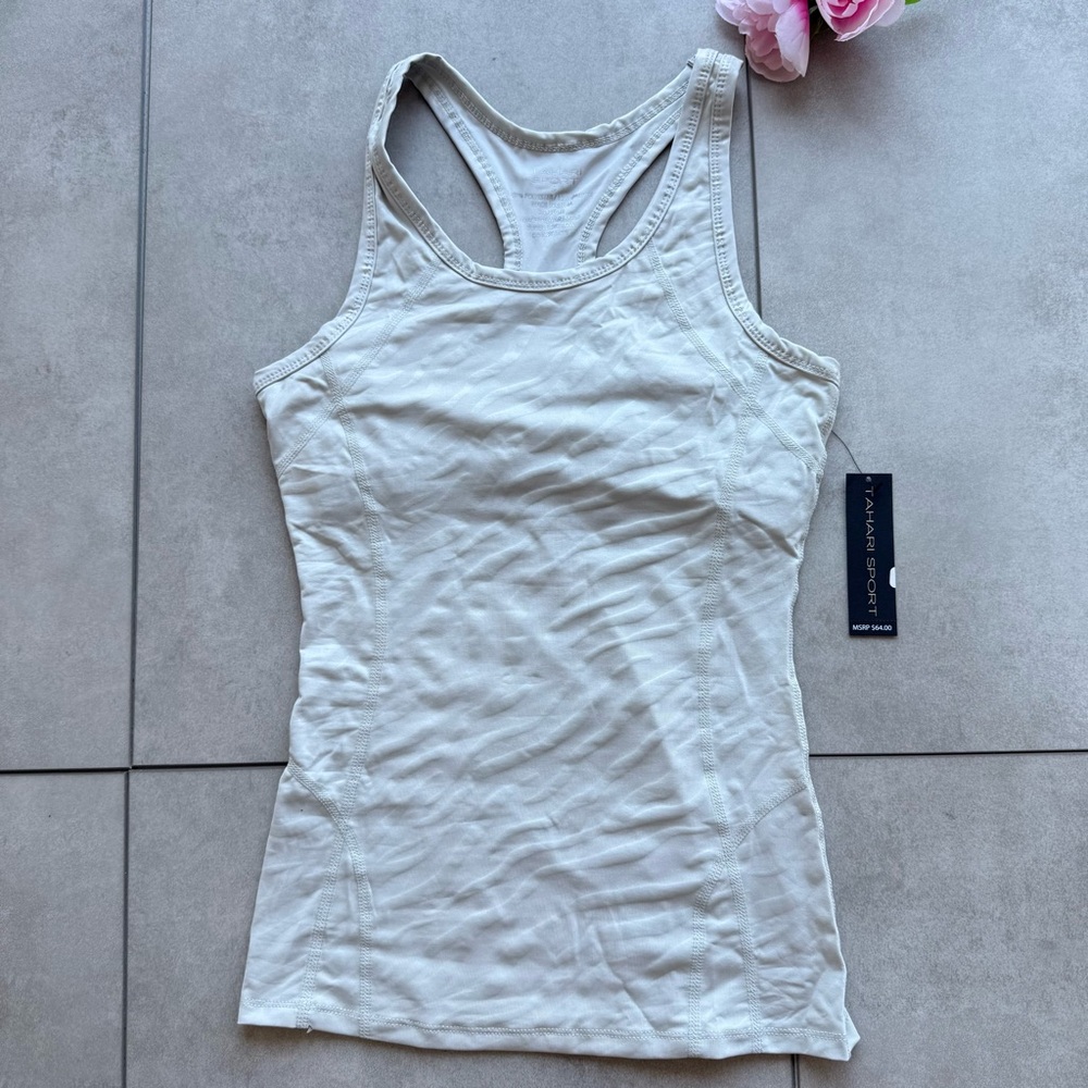 Tahari Sport Tank Top Small Light Gray Zebra Pattern RacerBack Lined Logo NWT